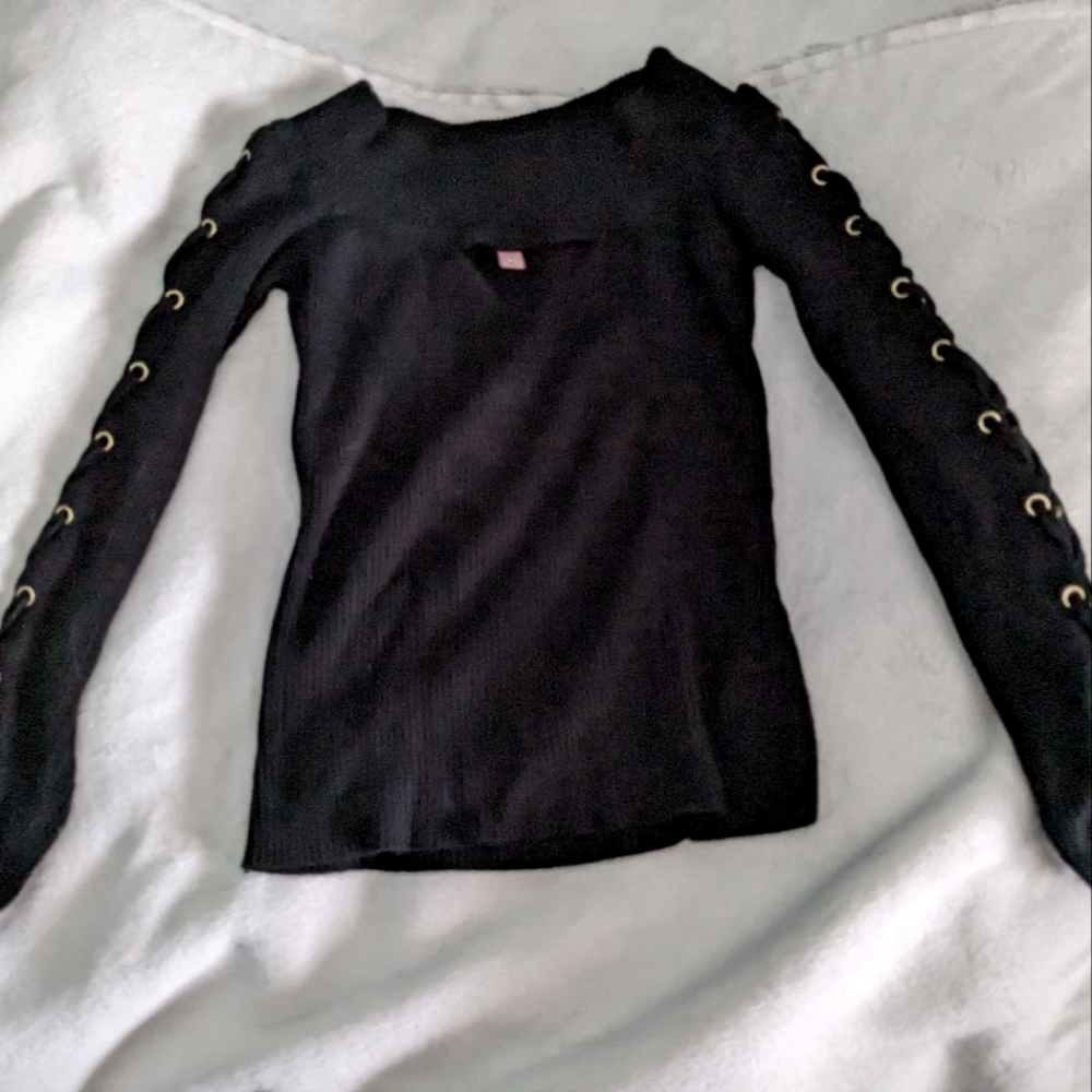Black Lace Up Sleeve Detail Guess Top